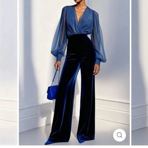 Blue mesh velvet pantsuit